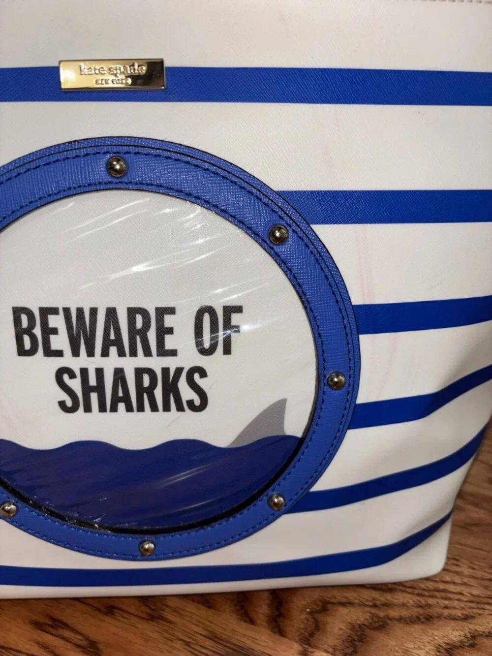Kate Spade Beware of Sharks Jules Tote Bag Port Hole Nautical Blue Stripe BEACH